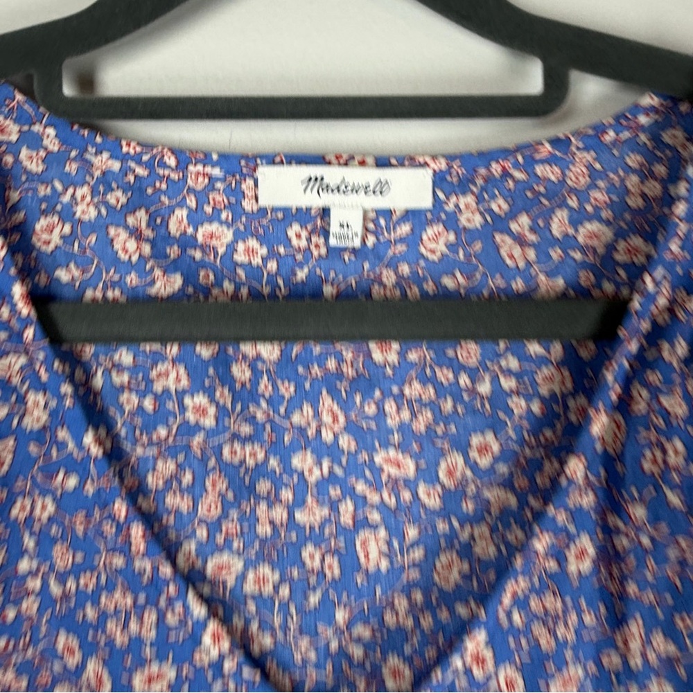 Madewell Floral Summer Vines Hermitage Blue Puff Sleeve VNeck Blouse Top Size XL - Picture 7 of 9